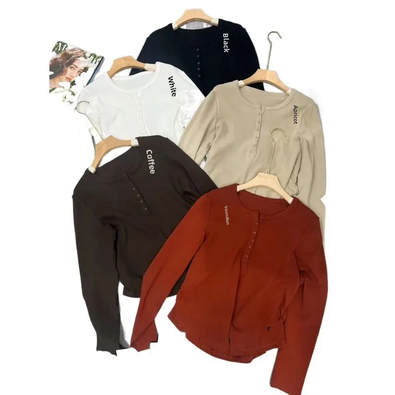 Элегантная футболка с длинным рукавом однотонная круглым вырезом простая модная