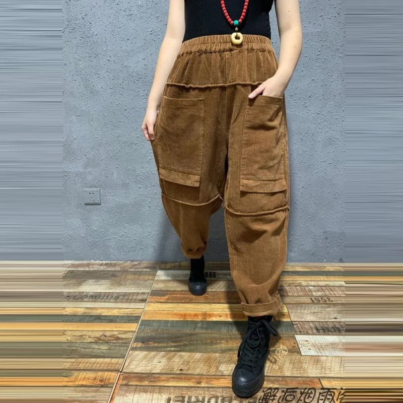 2022 Spring Autumn New Arts Style Women Elastic Waist Loose Trousers Female Double Pocket cotton Corduroy Harem Pants V910 |