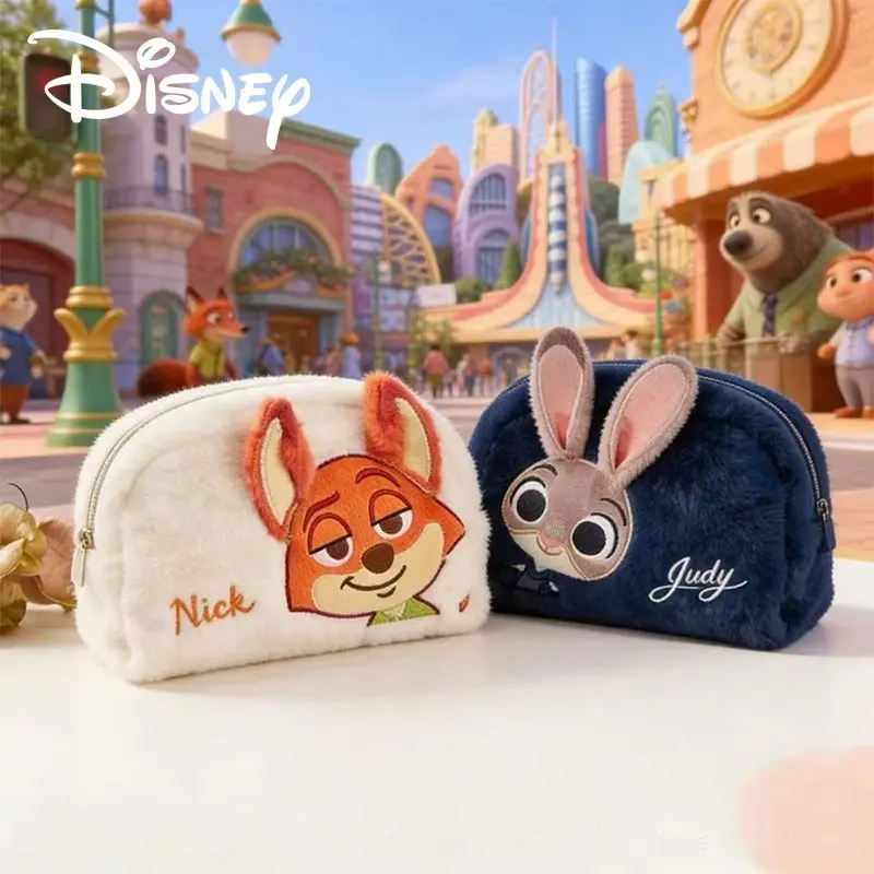 Фото Плюшевый пенал Disney Zootopia Nick Judy, плюшевая косметичка, плюшевая сумка для макияжа, вместительный дорожный органайзер для туалетных принадлежностей, подарок для детей №1
