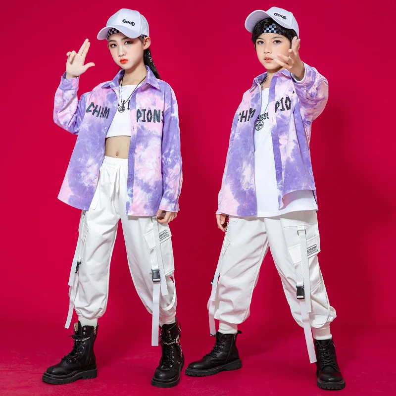 

Boys girls Hip Hop Clothing Cropped purple tie-dyed Sweatshirt Tops white Harem Pants Dance Costume Ballroom Jazz Dancing Clothe