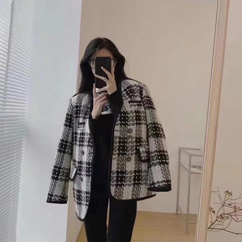 

Новое маленькое очаровательное твидовое пальто женский корейский Клетчатый костюм Топ