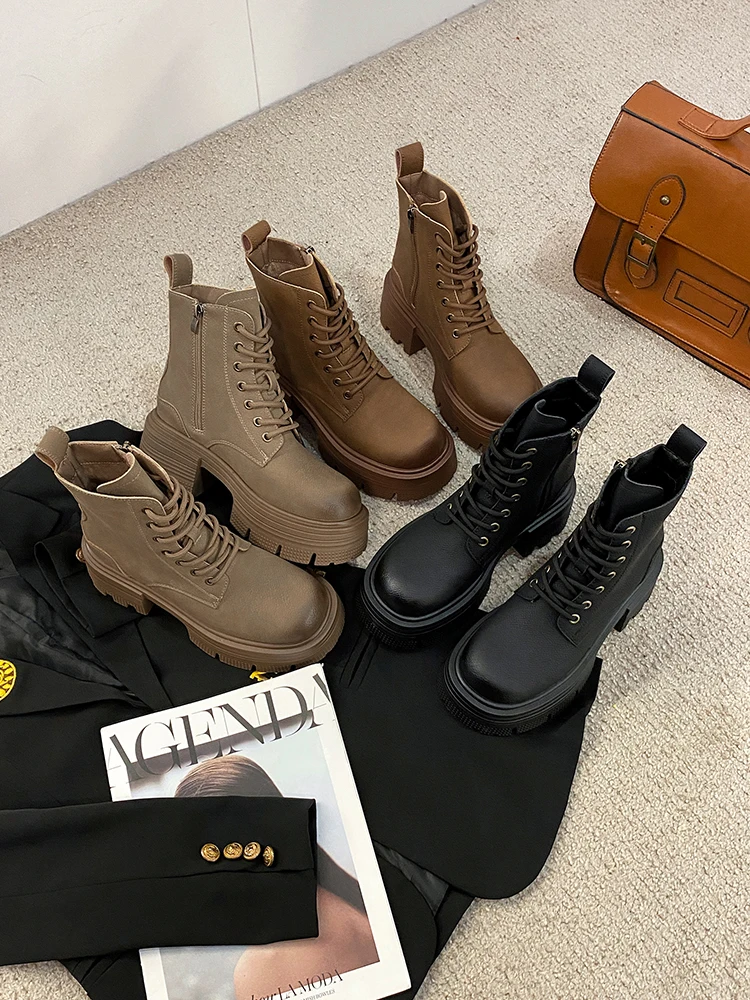 

Ботинки женские на низком каблуке, с круглым носком, на шнуровке, осень 2023