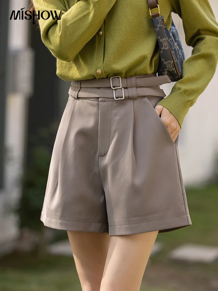 MISHOW Women's Shorts Spring High-waisted Wide Leg A-line Belt Short Pants Casual Loose Female Bottoms Office Lady MXC11K0670