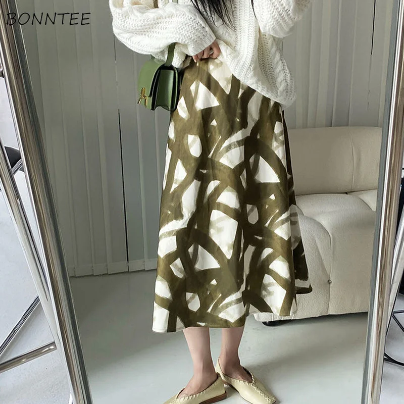 

Print Skirts Women Tender Fashion A-line Faldas De Mujer Summer Causal Retro Elegant Basic Daily 2022 Elastic Waist Korean Cozy