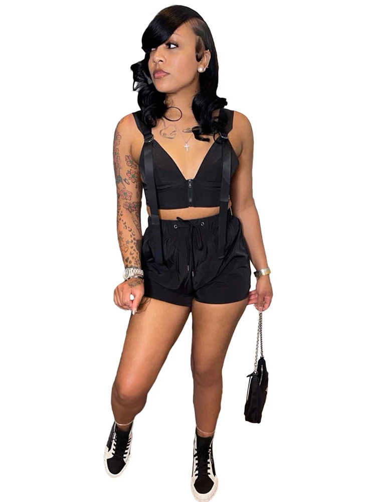 

Shorts Two Piece Set Women Zipper Crop Tops And Drawstring Shorts Suit 2022 Summer Solid Sexy Safari Style Matching Set Outfits