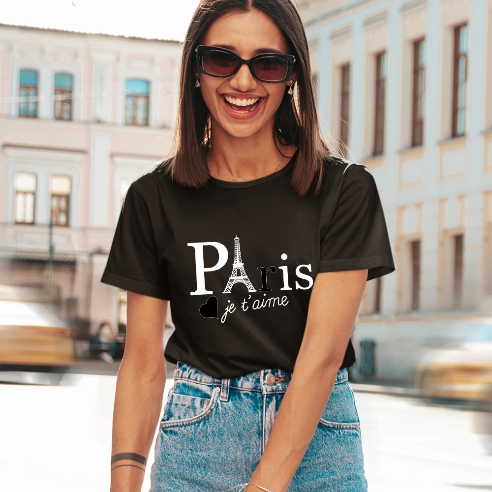 

Paris Je T'aime Tee Shirt Femme Fashion Trend Streetwear Urban Casual Tops French Harajuku Women T-shirts Black O-neck Clothes