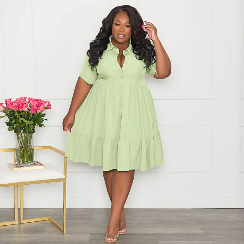 Plus Size Elegant Women Dress Summer Button Skirt Fashion Loose Pain Outfits 2022 Lady Luxury Clothes Party Evening Maxi Gown