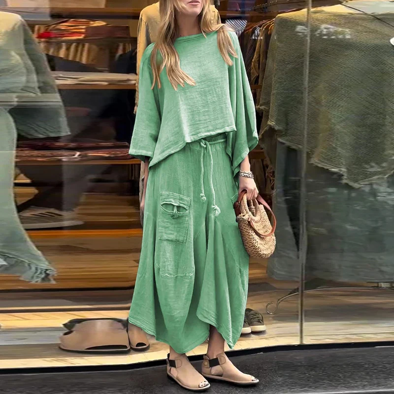 Женский Повседневный комплект из 2 предметов однотонный хлопково-льняной топ с