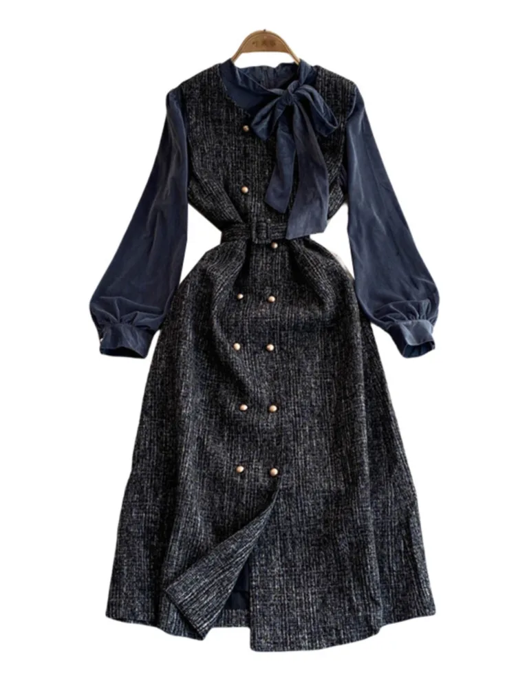 EWQ Рубашка с длинными рукавами во французском стиле и толстые клетчатые платья на