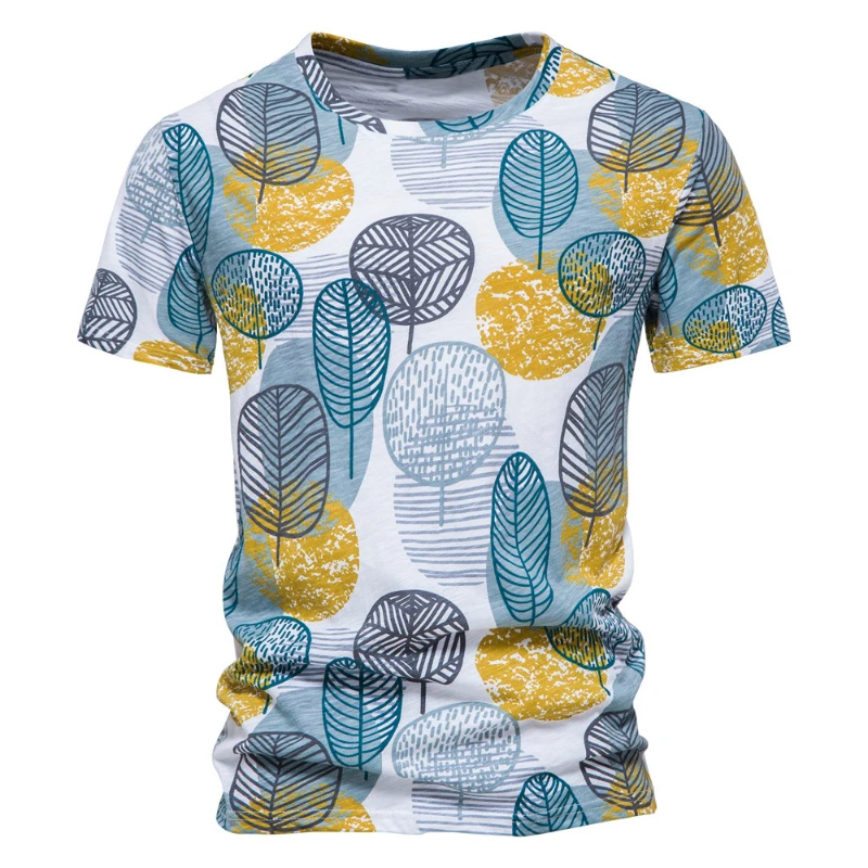 

Cross Border Men's T-shirt Short Sleeve 2022 Summer New Round Neck Pure Cotton Printed Hawaiian Style Casual Flower T-shirt Men