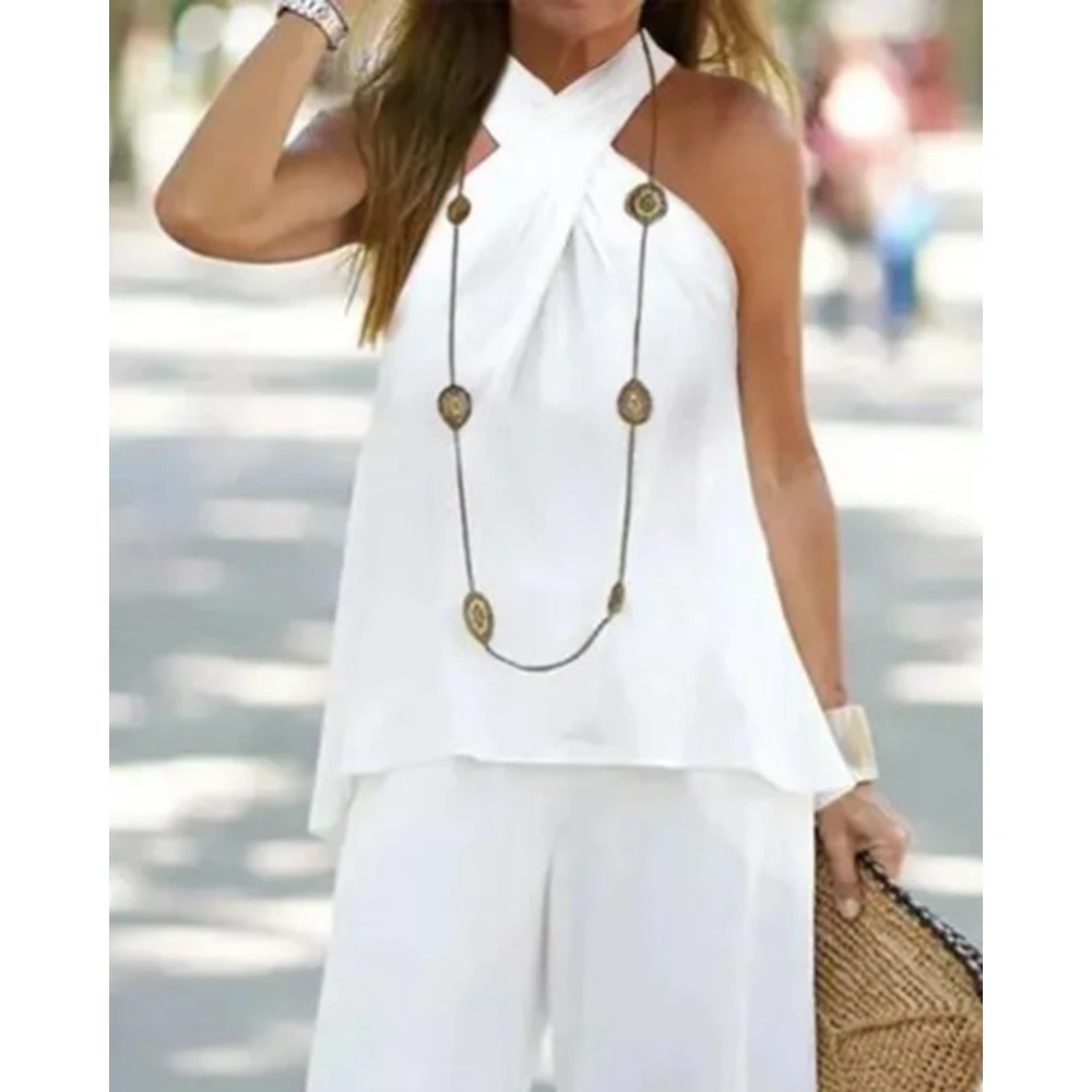Fashion Sleeveless Halter V-Neck Top & High Waist Pants Set Office Wear Women Two-Piece Set Women Loose Outfits Casual Tracksuit