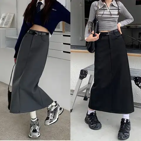 Women Summer Midi Skirts Korean Preppy Style High Waisted Back Split Straight Pencil Skirts Y2k Streetwear Falda Femme Jupes