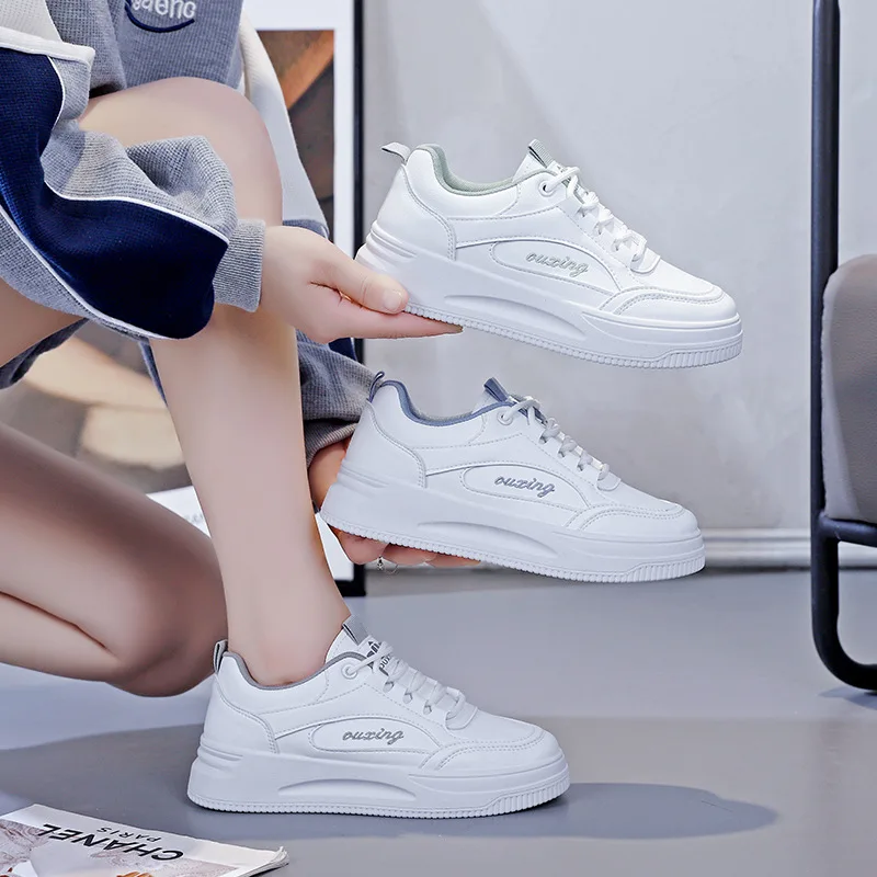 White Women Sneakers Fashion Breathable Leather Flat Shoes Woman Outdoor Lace Up Vulcanized Shoes Platform Sneakers Zapatos
