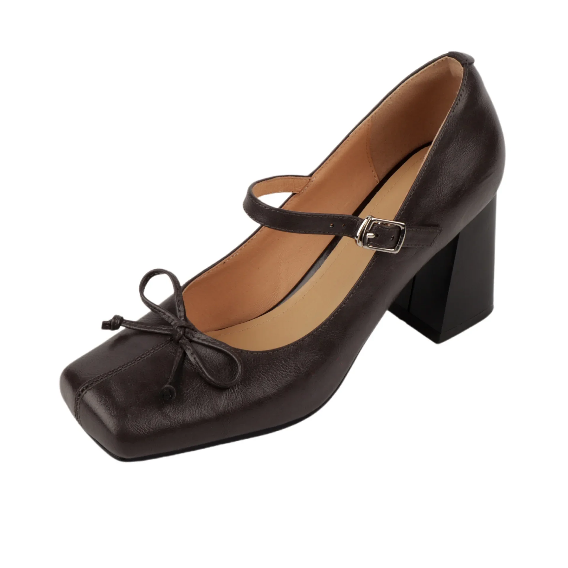 Туфли-лодочки Мэри Джейн на толстом каблуке с квадратной головкой и пряжкой