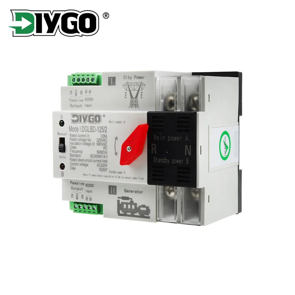 Однофазный DIN-рейка ATS 220 В, электрический селектор с автоматической передачей, двойные выключатели питания, генератор бесперебойной энергии 2P 125A