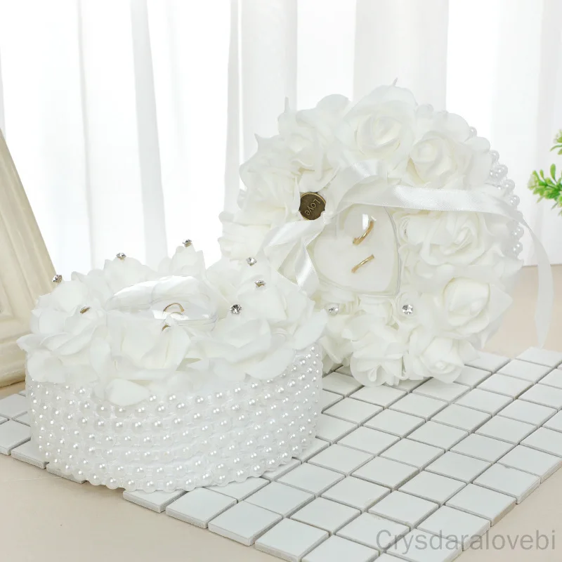 

European Wedding Supplies New Ring Pillow Creative Cake Shape Pearl Rose Simple White Ring Pillow Box