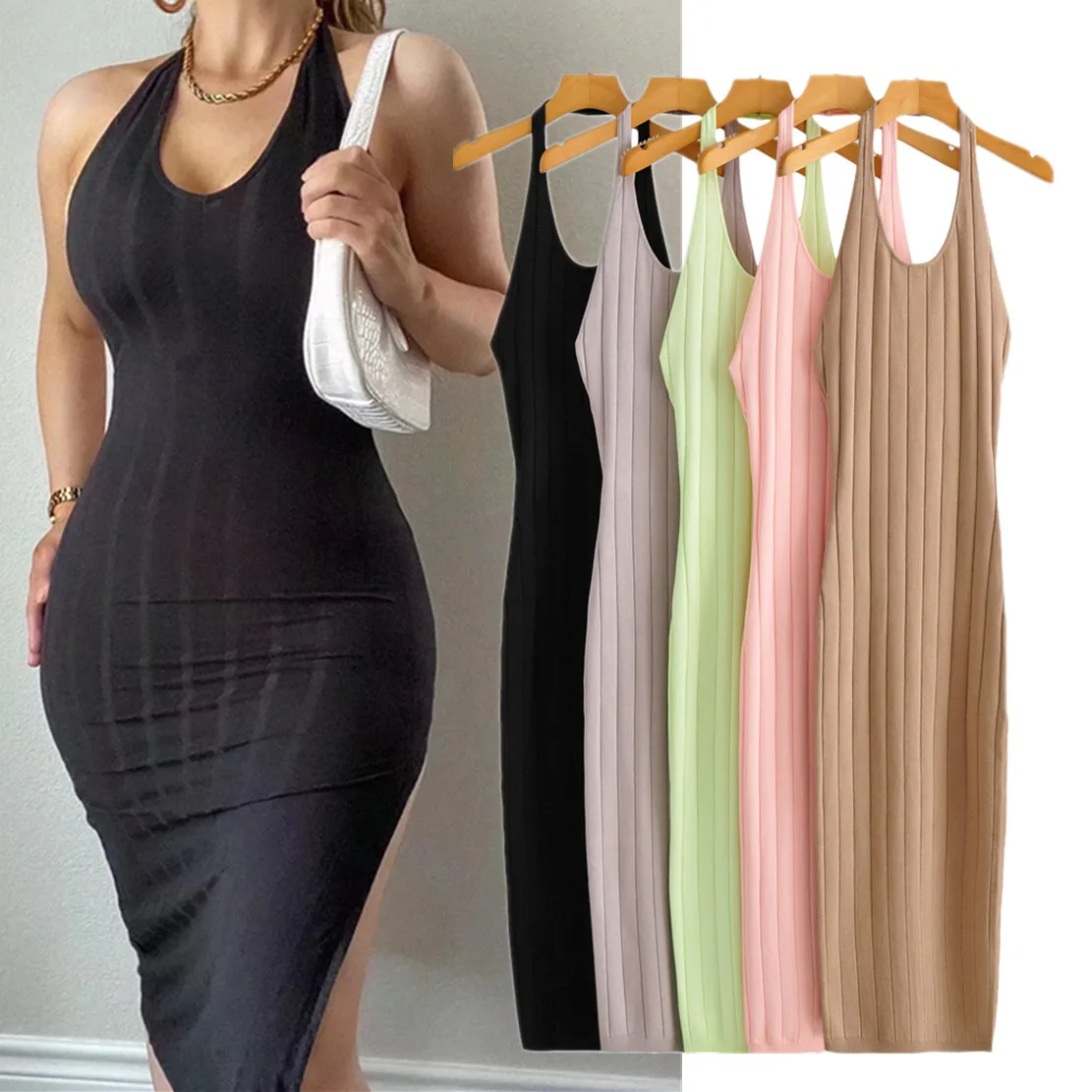 

Withered Ins Fashion Blogger High Street Halter Sexy Backless Rib Knitted Tank Dress Summer Party Forking Dress Women