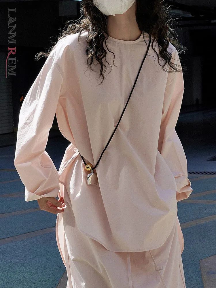 

[LANMREM] 2023 Summer New Korean Version Pullover Shirt For Women Solid Round Neck Long Sleeve Irregular Casual Female Tops 26D2