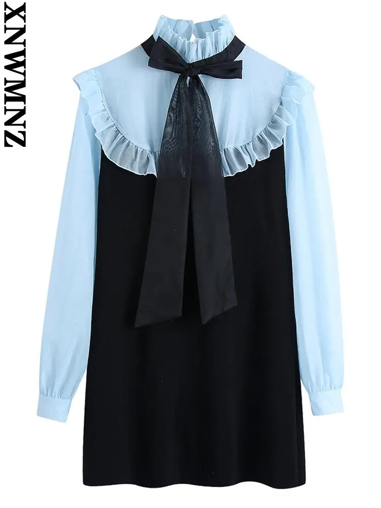 

XNWMNZ женское платье-рубашка 2022 za модное с привязанными элементами лоскутное мини-платье винтажные женские платья с высоким воротником и дли...