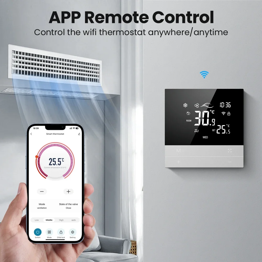Умный термостат Tuya 4 трубы 2 Wi-Fi Modbus HVAC вентиляторная катушка работает с Alexa Google Home