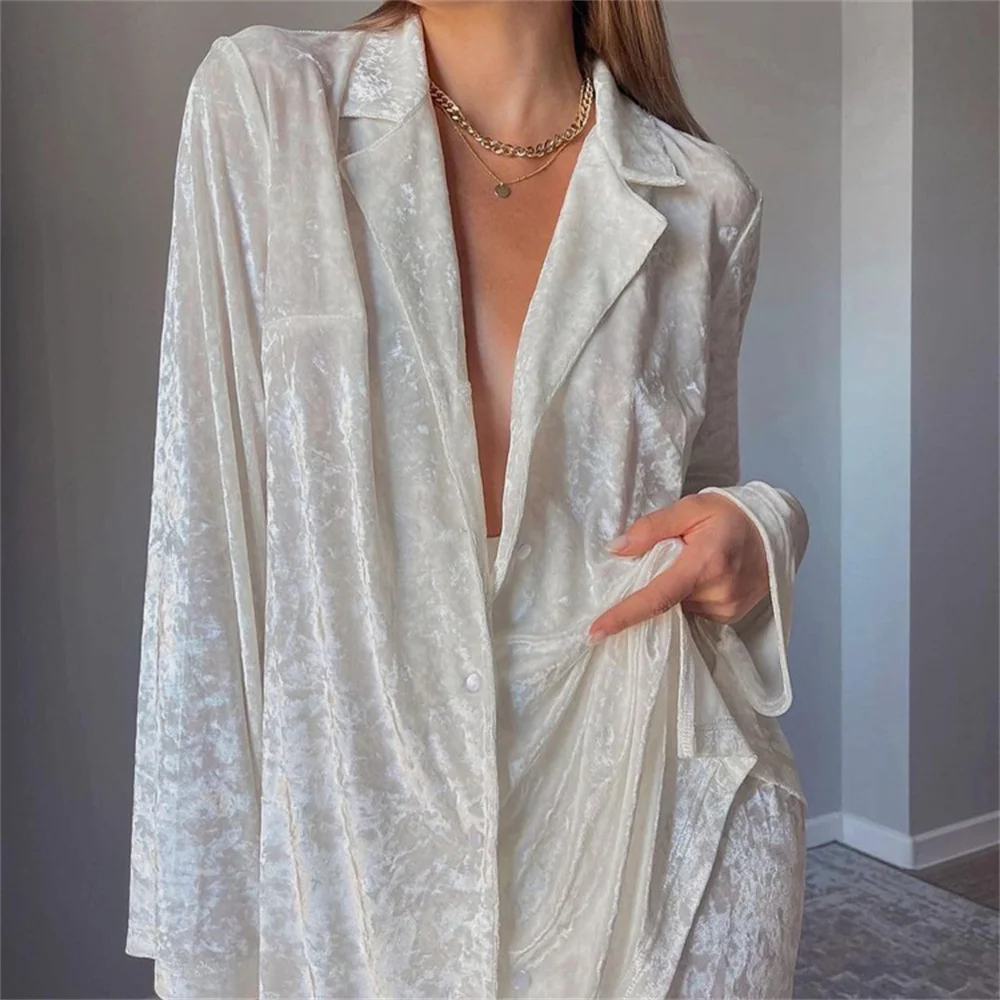 White Women 2 Piece Pants Set 2023 New in Elegant Sleepwear Home Loose Matching Sets Long Sleeve Blosue +  Wide Trousers Suit
