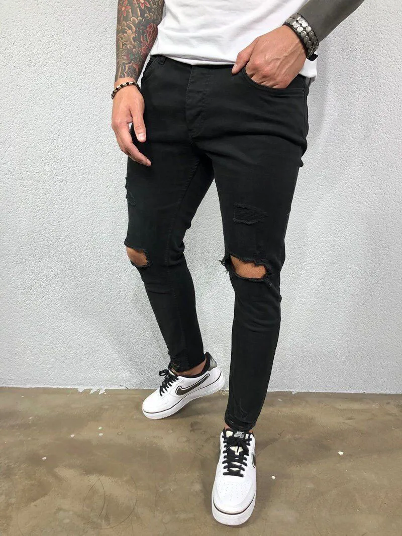 Mens Jeans Black Blue Cool Skinny Knee Hole Ripped Stretch Slim Elastic Denim Pants Solid Color High Street Style Trousers Man
