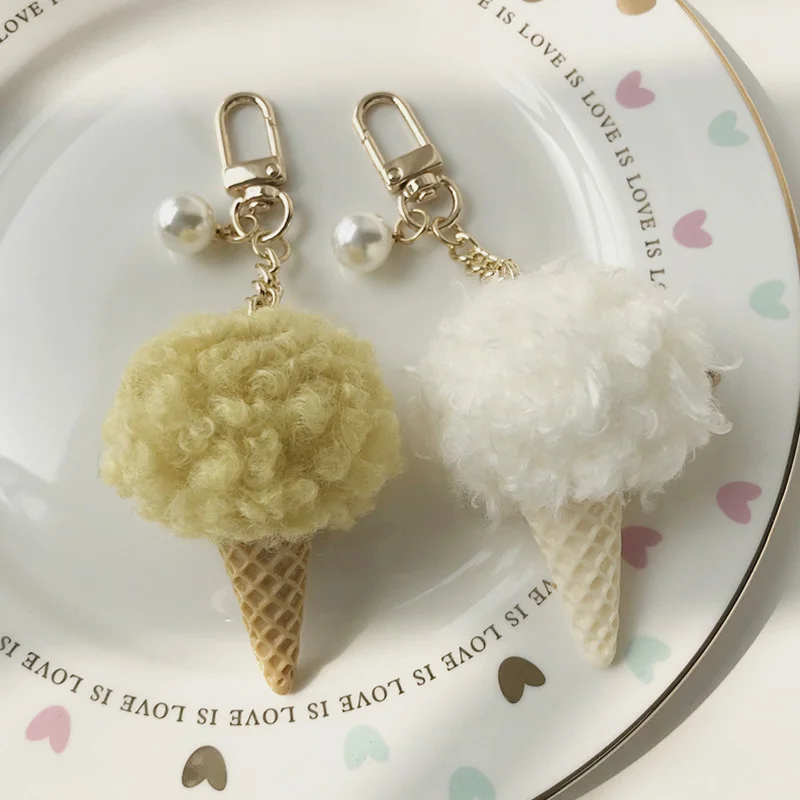 Cute Hair Ball Ice Cream Cone Keychain Pendant Women Key Ring Holder Fluffy Pompoms Key Chains Gifts For Women Bag Accessories