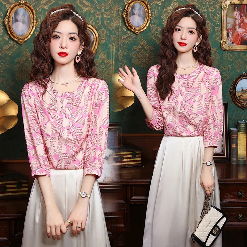 Женская шифоновая блузка с круглым вырезом свободного покроя