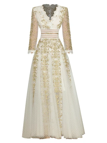 Женское платье с вышивкой, дизайнерское длинное белое платье с прозрачным рукавом, весна-лето 2024