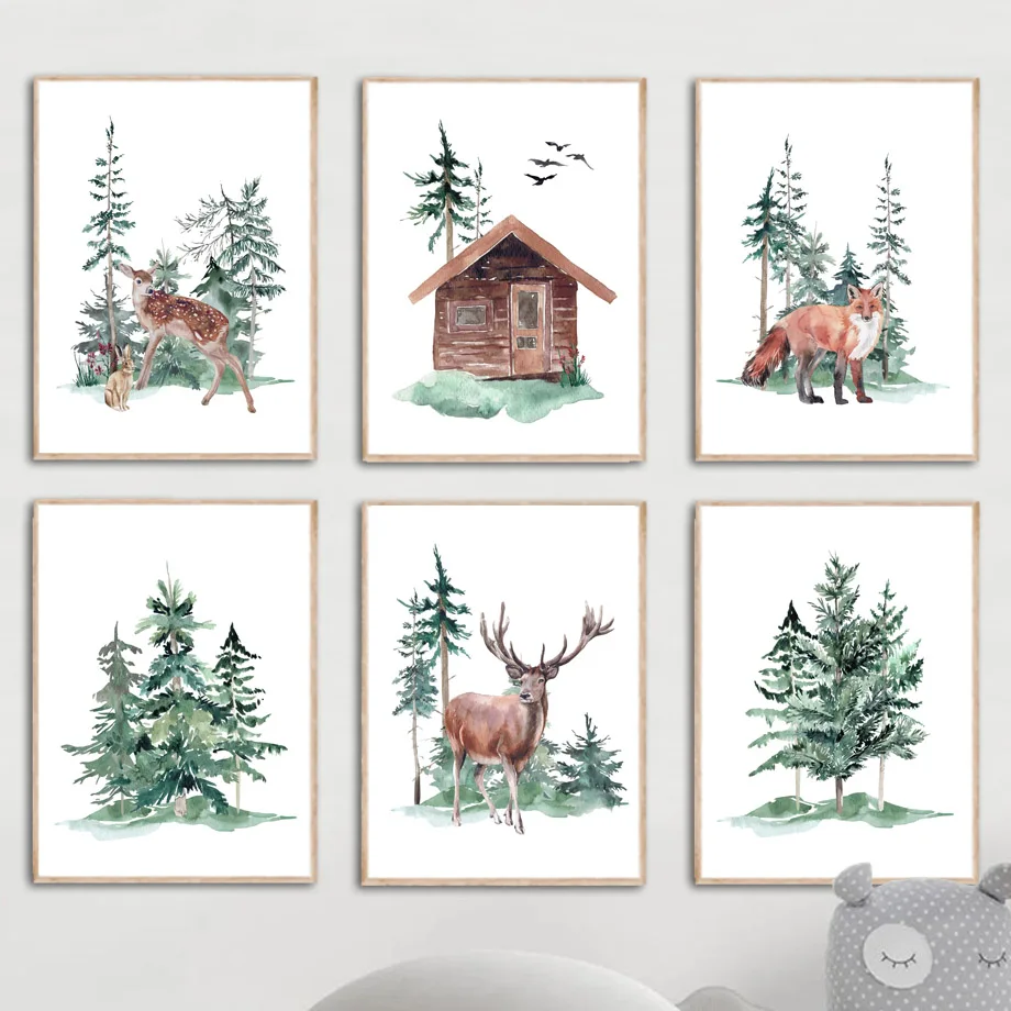 

Christmas Deer Fox Rabbit Pine Forest Watercolor Nursery Art Canvas Painting Nordic Posters Prints Wall Pictures Kids Room Decor