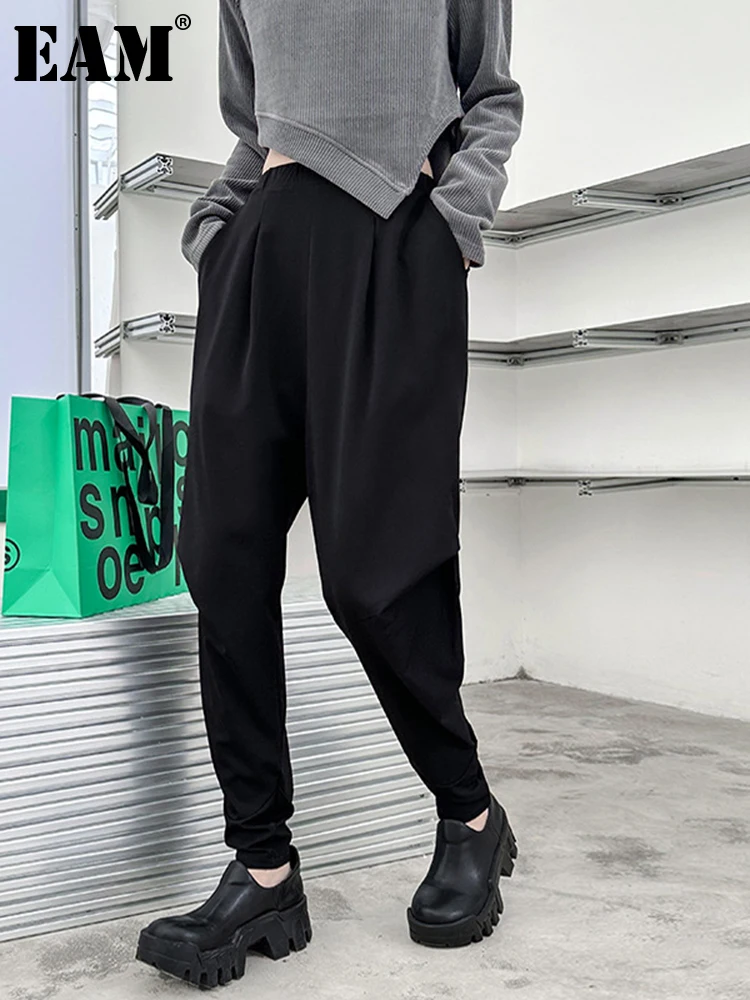 

[EAM] черные плиссированные повседневные штаны-шаровары с высокой эластичной талией, новые свободные брюки для женщин, модные весенне-летние 2023 1DF6701