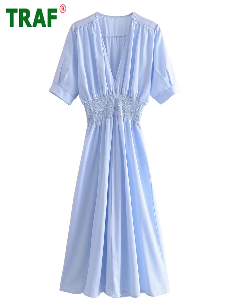 

TRAF Blue Pleated Dress Women Office Shirt Dress Woman Summer Going Out Midi Dresses for Women 2022 Reached Casual Female Dress
