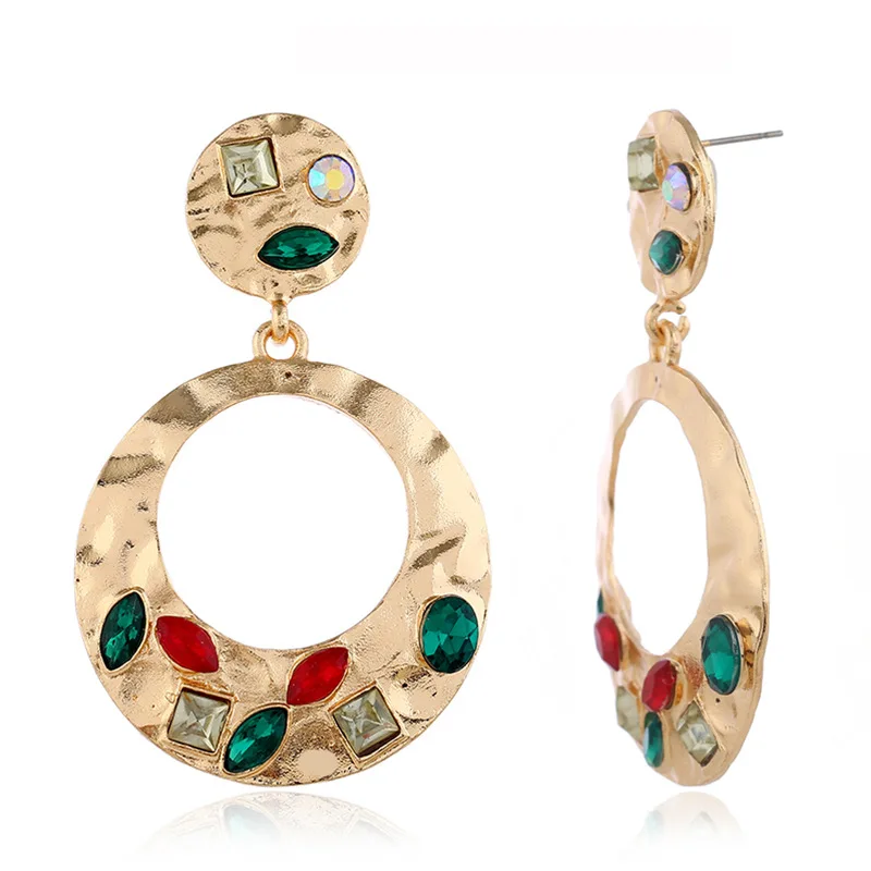 

Statement Exaggerated Gold Color Green Geometric Crystal Drop Earrings for Women Girls Big Round Pendant Earring Fashion Jewelry