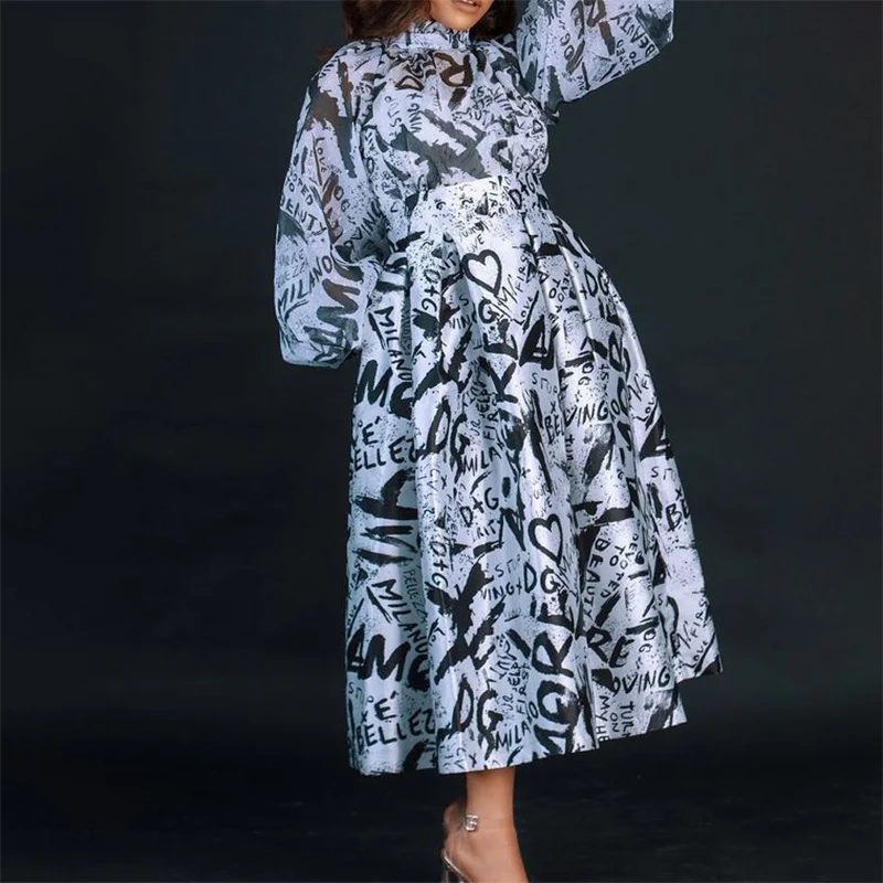 Spring Summer Stand Collar Letter Printing A-line Skirt Fashion Plus Size Puff Long Sleeve Mid Waist Loose Ankle-Length Dresses