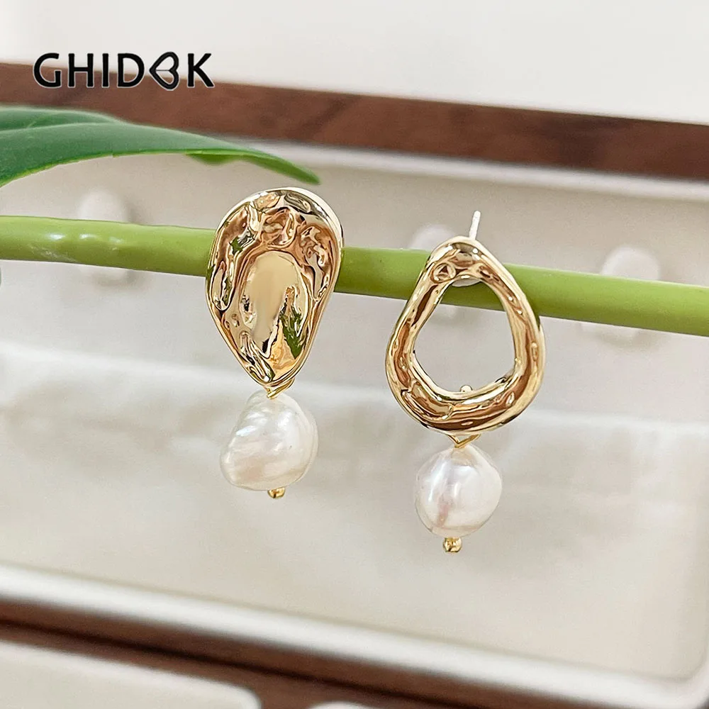 

GHIDBK French Elegant Asymmetric Baroque Pearl Drop Earrings 14K Gold Plated Natural Freshwater Pearls Bridal Jewelry Women