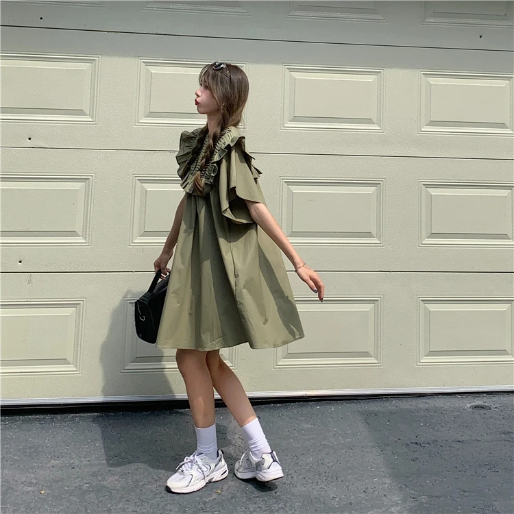 

GS4102 Women's Summer New Vintage Loose Pleated Design with Wood Ear Edge Dress Small A-line Short Skirt