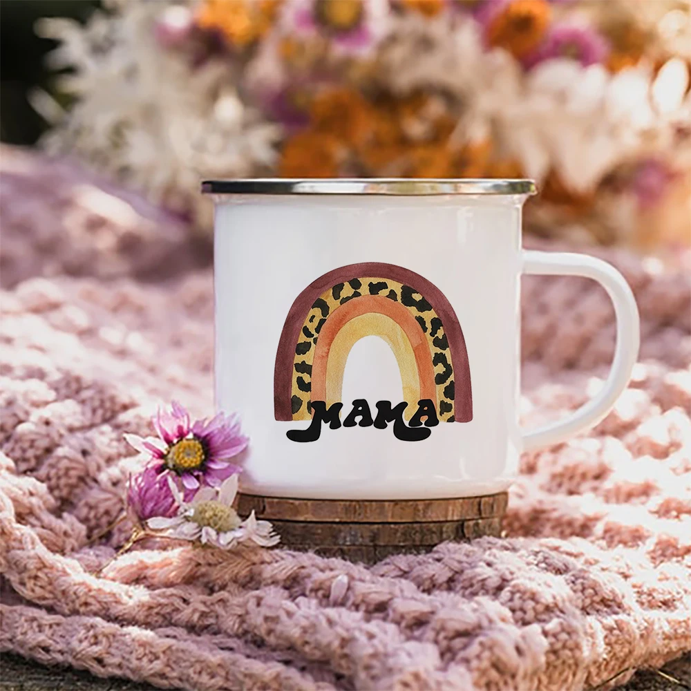 

Home Office Breakfast Milk Oat Mug Mother's Day Gift Leopard Mama Rainbow Print Enamel Coffee Tea Mugs Outdoor Travel Water Cups