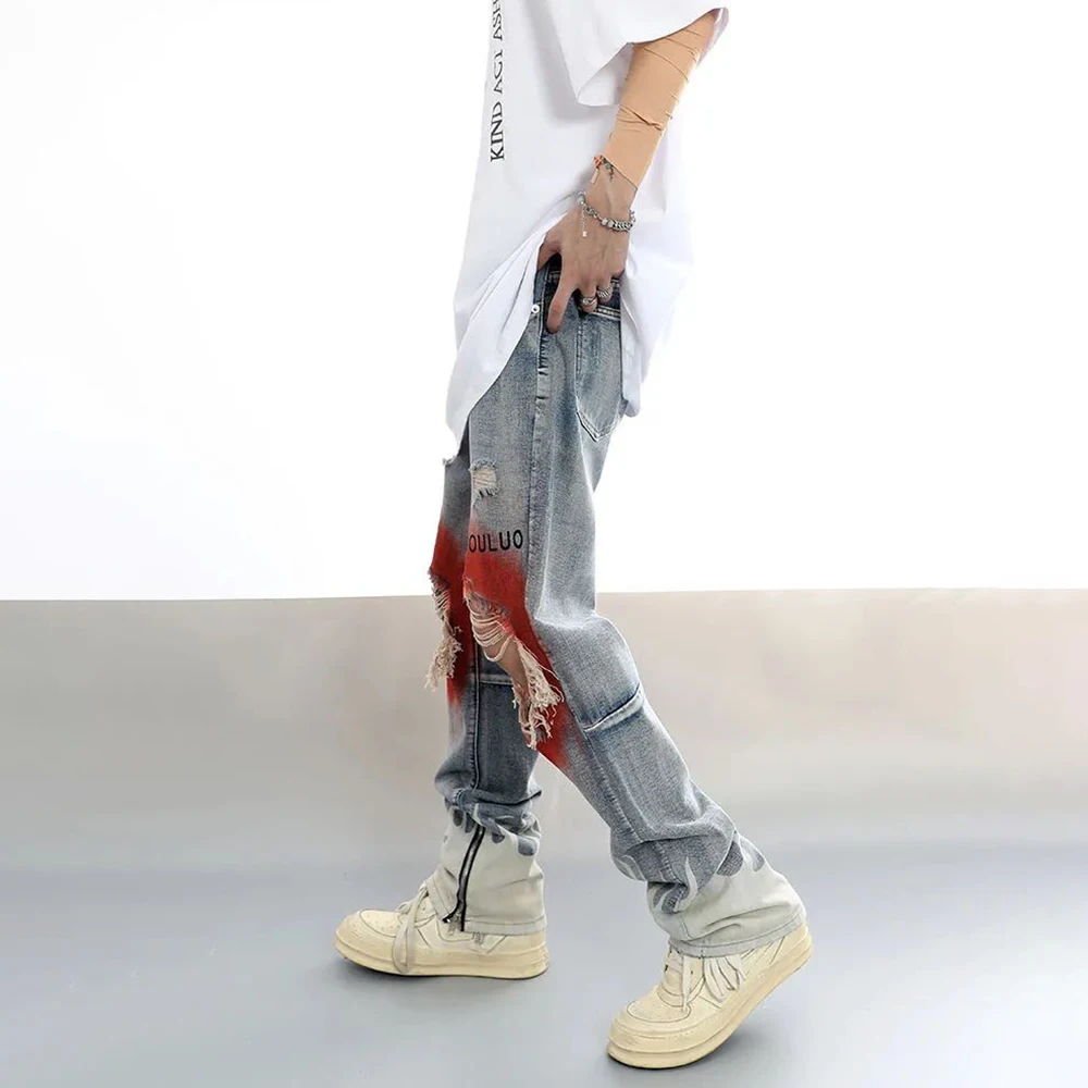 Men Street Hiphop Y2K Hole Flame Jeans Graffiti Printed Letter Retro Ripped Casual Trousers Streetwear Harajuku High Street