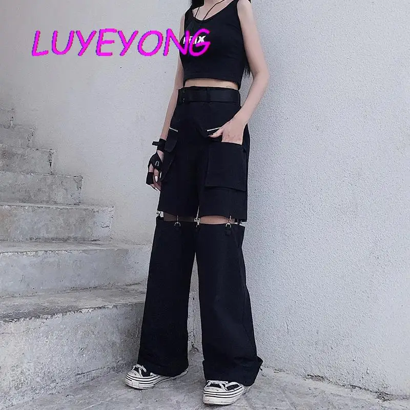 

Женские уличные брюки-карго, черные прямые брюки в стиле сафари со съемным вырезом, весна 2022