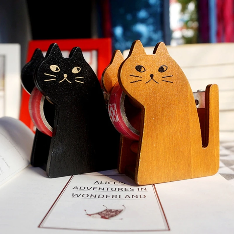 

Vintage Wooden Tape Dispenser Cute Cartoon Cat Roller Tape Cutter Sealing Washi Tape Holder Manual Packing Tool Office Accessory