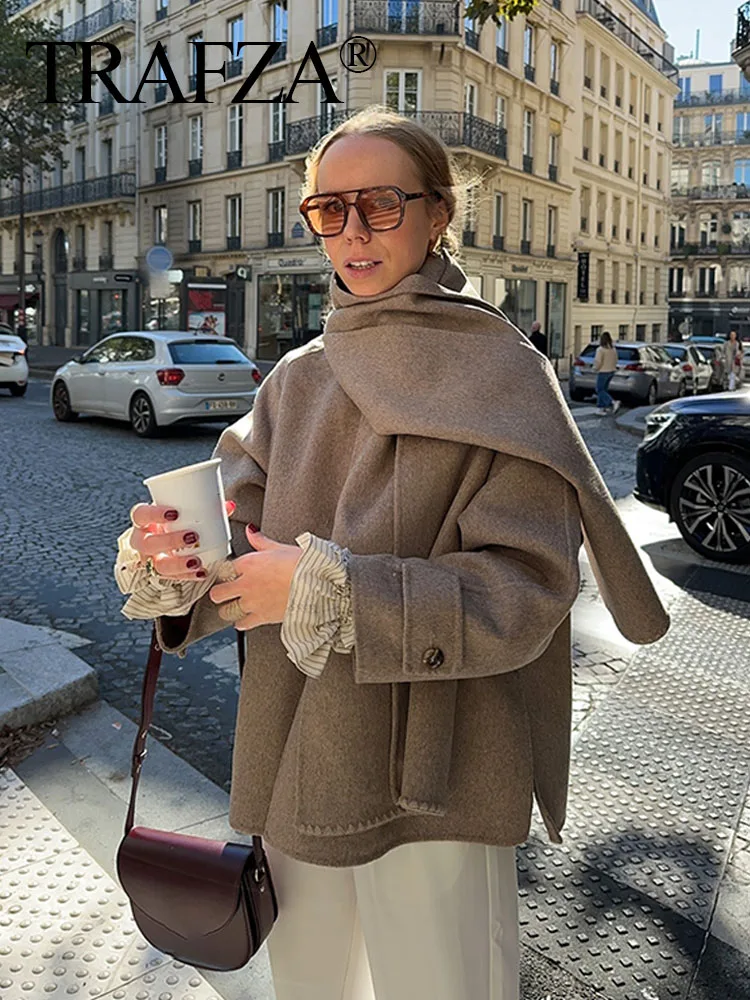 TRAFZA зимние куртки женские модные цвета хаки шарф воротник с длинными рукавами и