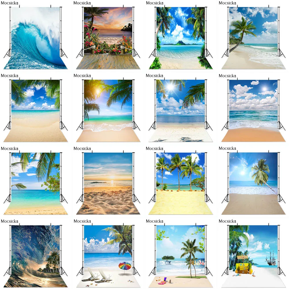

Фон для фотосъемки с изображением летнего моря пляжа песок Облачное голубое небо тропические пальмы кокосовое дерево фон для фотостудии