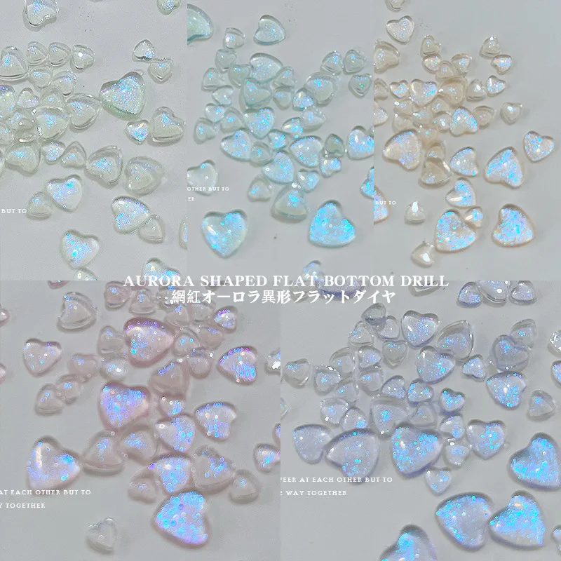

50pcs 3D Aurora Heart Resin Nail Charms Mixed Size Glitter Love Heart Rhinestones For Nails Art Decorations Manicure Accessories