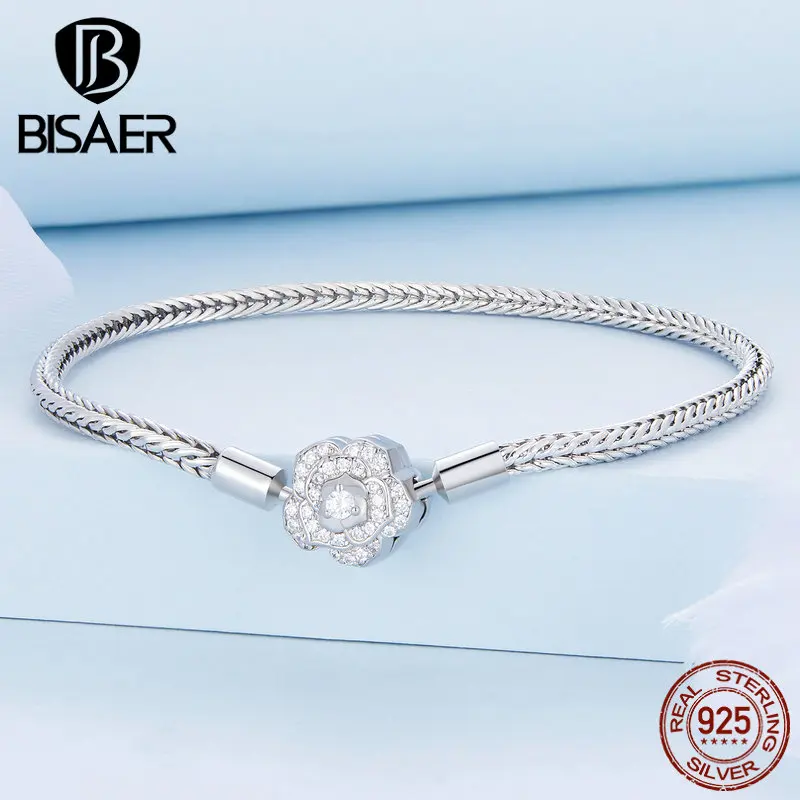 

BISAER 925 Sterling Silver Rose Basic Bracelet&Bangle Fox Tail Chain Plated Platinum For Charms Luxury Original Fine Jewelry