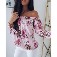 women elegant fashion female top off shoulder shirring floral print casual blouse summer tops