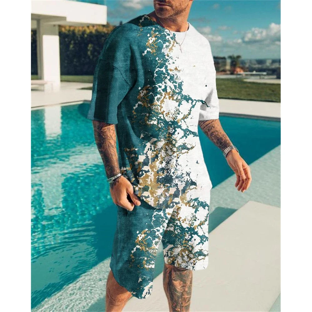 2023 Summer Sports Suit Men's Shirt Beach Shorts Suit O-neck Men's Tracksuit Street Lounge Wear Breathable Men's Tracksuit