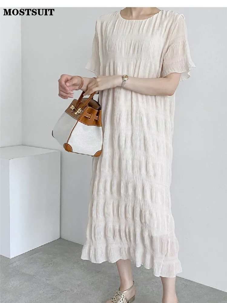 

Summer Korean Chiffon Long Maxi Dress Women Short Sleeve O-neck Solid Loose Pleated Dresses Elegant Fashion Vestidos Mujer 2023