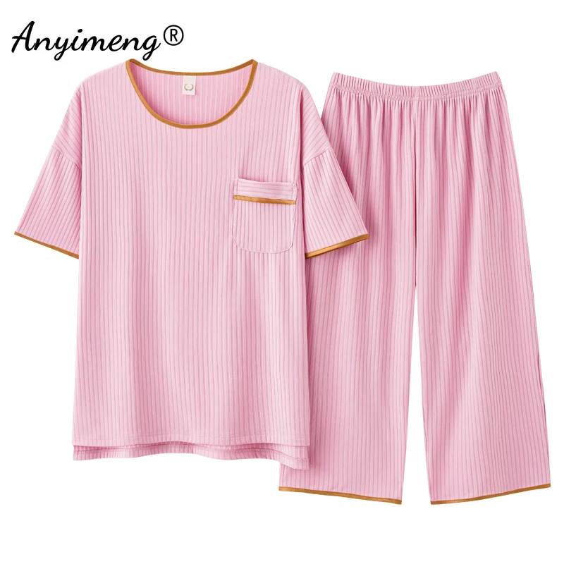 

New Fashion Soft Cotton Summer Pajama Set Pink Plain Cotton Plus Size 4XL Women's Homesuit Calf-Length Pants Sleepwear for Girls