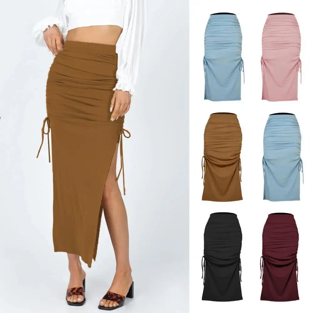 

Sexy Women Solid Draped Drawstring Sheath Skirts High Waist Female Fashion Bodycon Irregular Party Clubwear Skirts Hot Sale