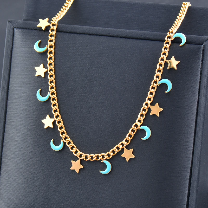 

SINLEERY Trend Gold Color 316L Stainless Steel Star Moon Pendant Necklace For Women Choker Chain Accessories Jewelry XL862 SSK